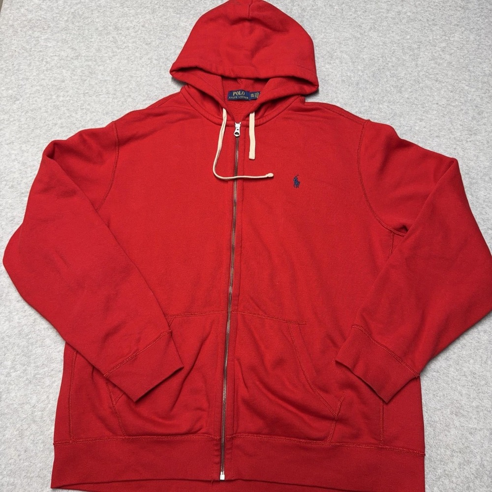Polo Ralph Lauren Thermal Hoodie Mens 2XL Red Full Zip Fleece Pony Logo
